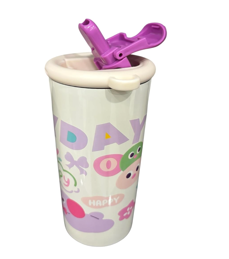 Insulated tumbler back view with purple flip lid