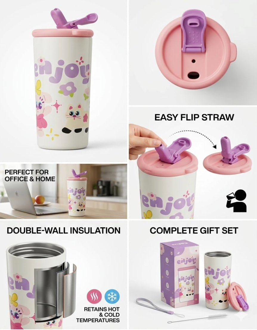 Sipper tumbler features double-wall insulation and flip straw