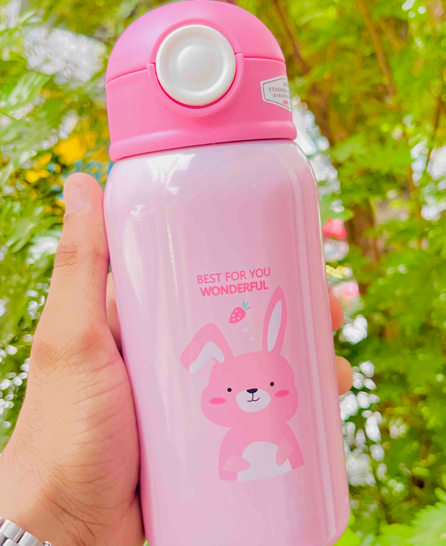 Pink stainless steel kids water bottle with rabbit print