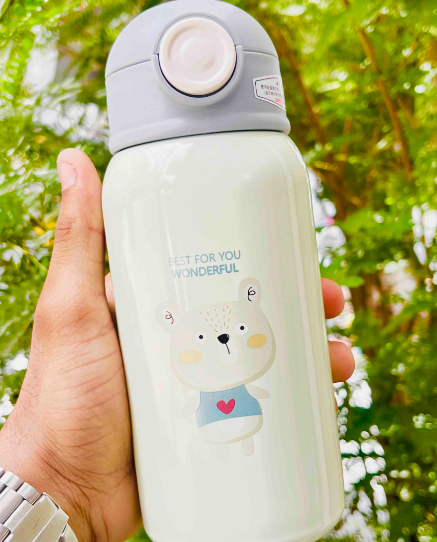 Cream stainless steel kids water bottle with bear print
