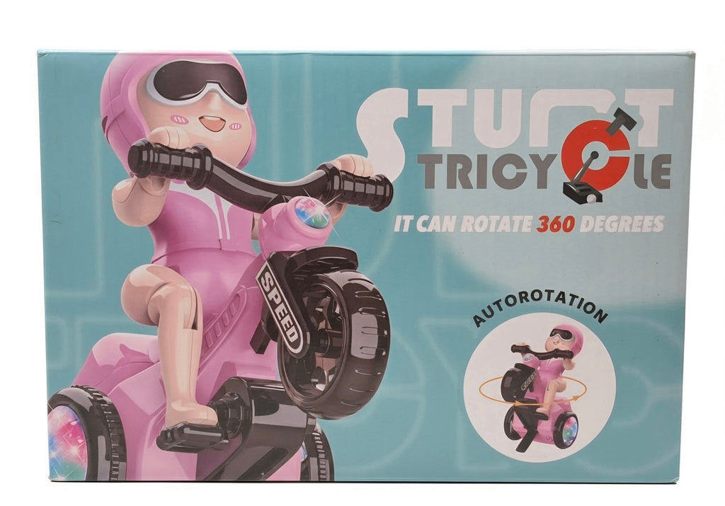 360 degree stunt tricycle toy box showing auto-rotation feature