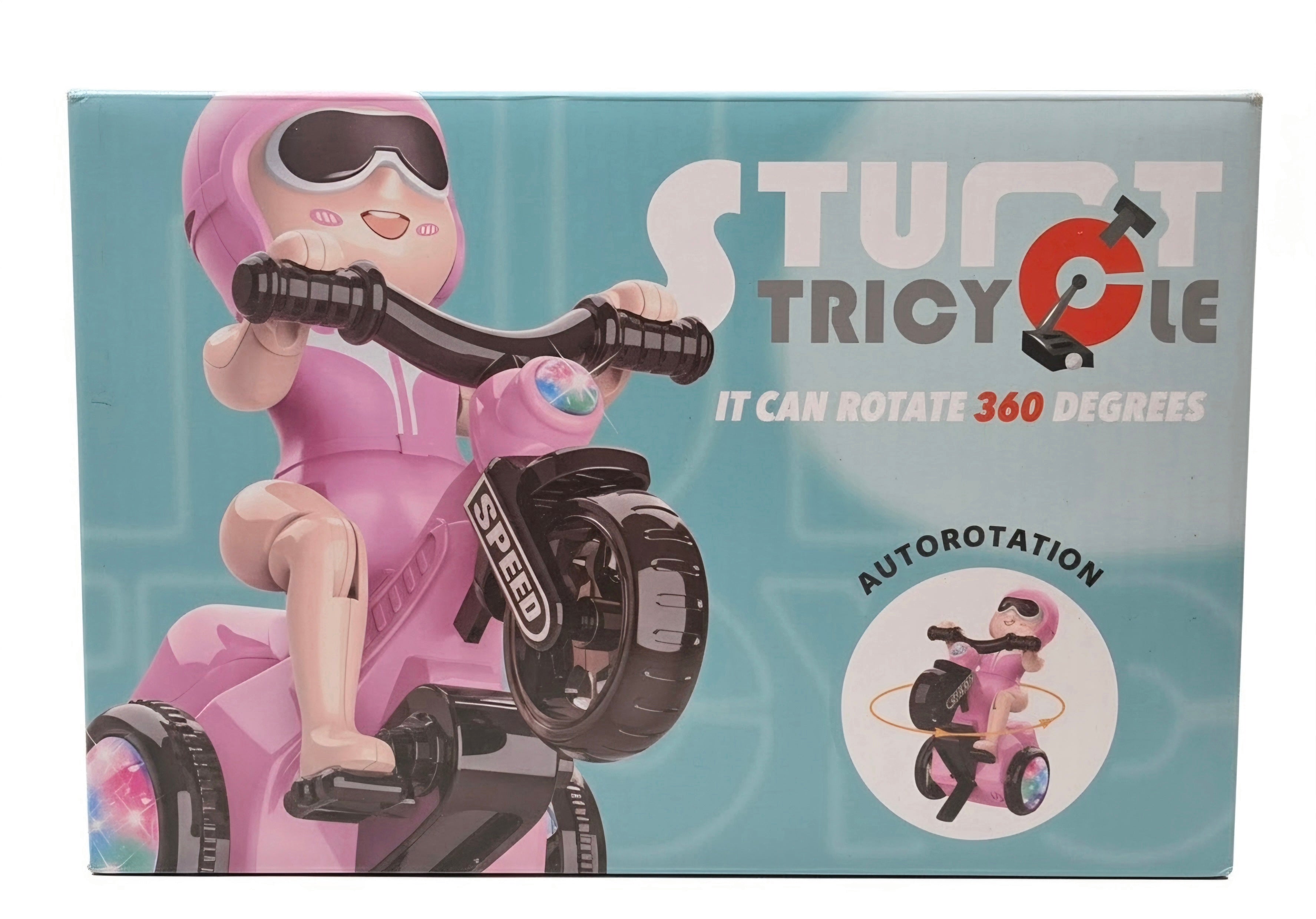 360 degree stunt tricycle toy box showing auto-rotation feature