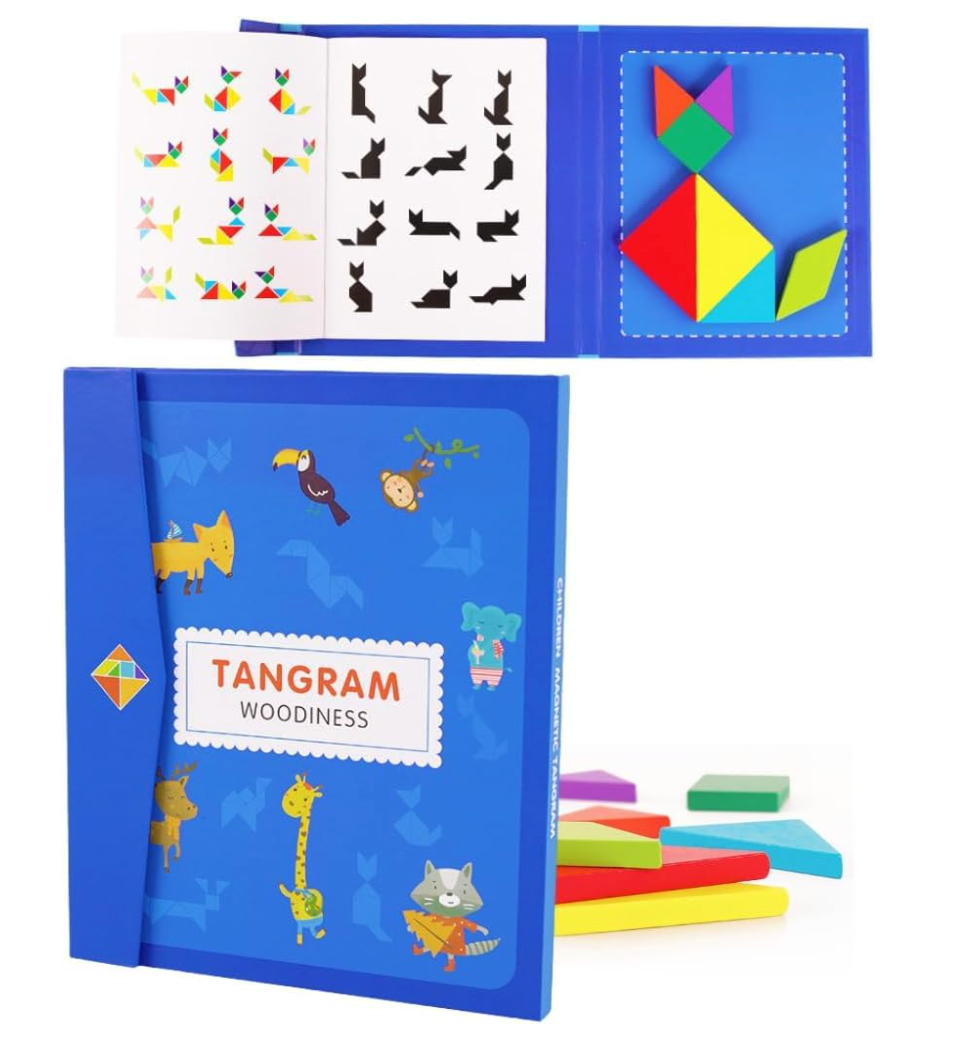 Wooden tangram puzzle set with pattern cards