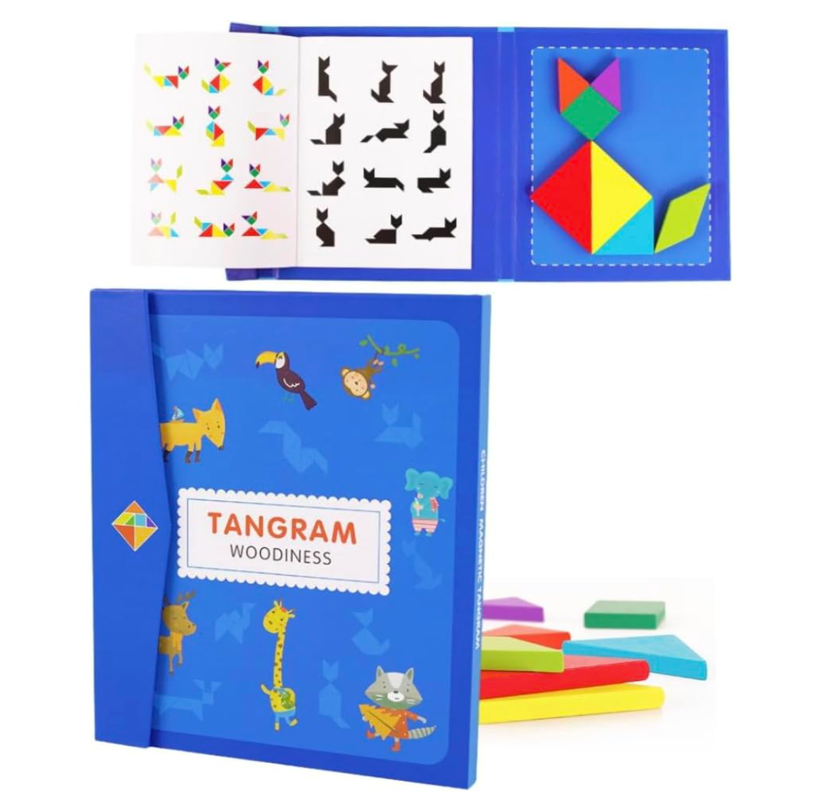 Magnetic wooden tangram puzzle book open